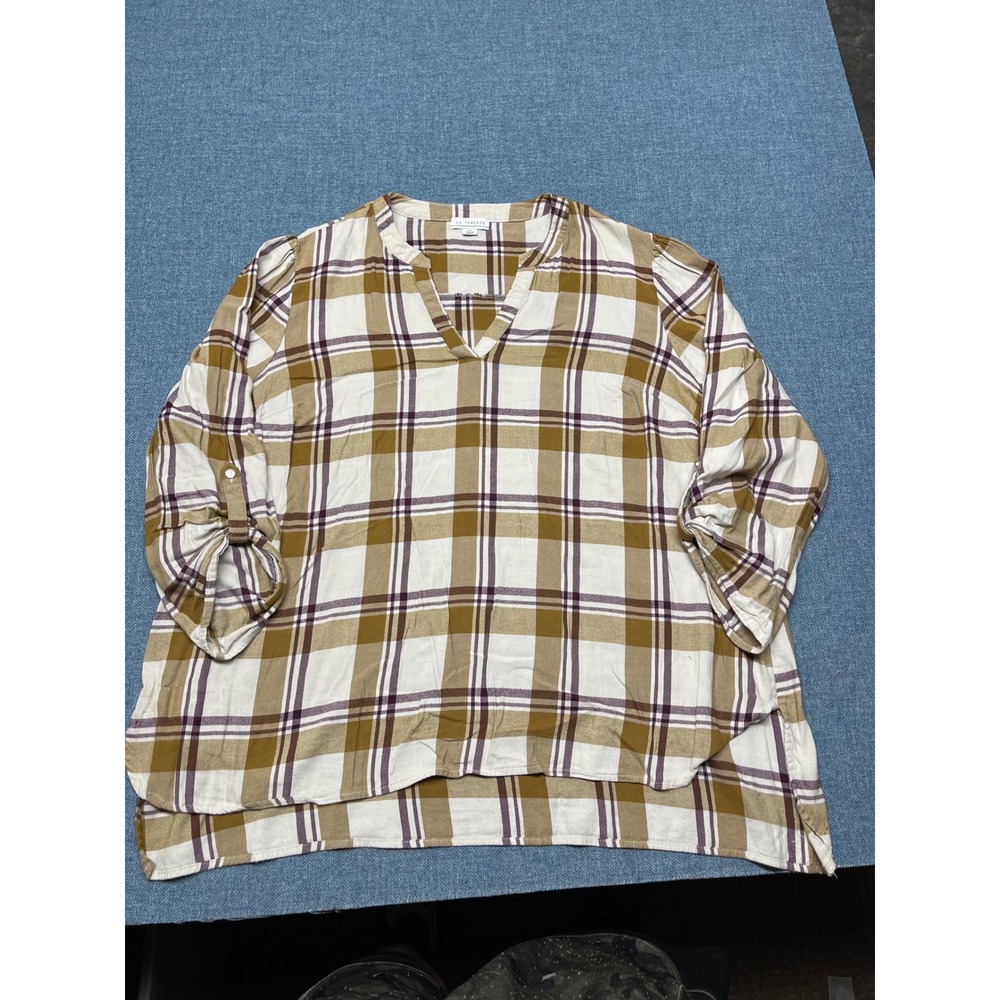 LA Threads Plaid V-Neck Roll Tab Sleeve Blouse Tan White Purple 2X Plus Size - Picture 1 of 6
